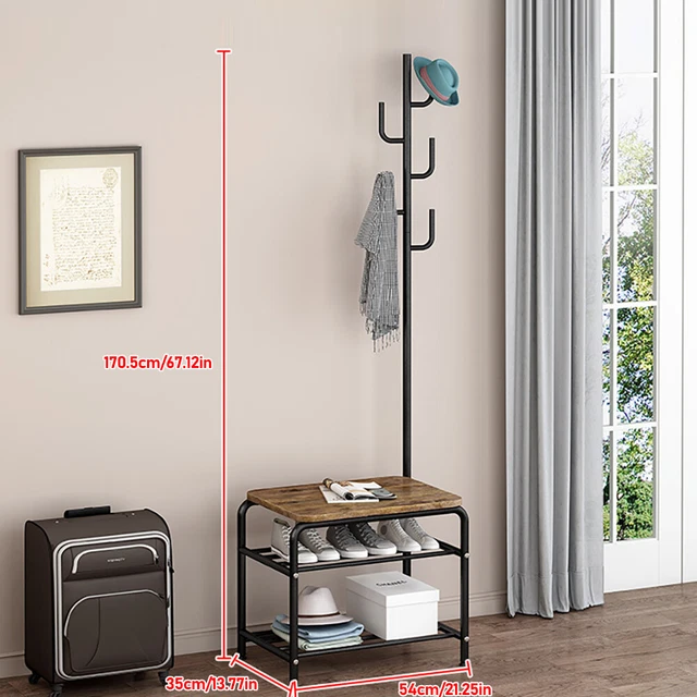 2 Tier Entryway 3-in-1 Hall Tree Coat Rack Shoe Bench Coat Hat Rack with 5 Hooks