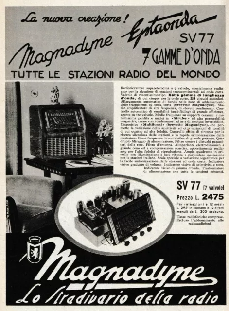Pubblicita' 1939 Radio Magnadyne Sv 77 Onde Valvole Regalo  Caratteristiche