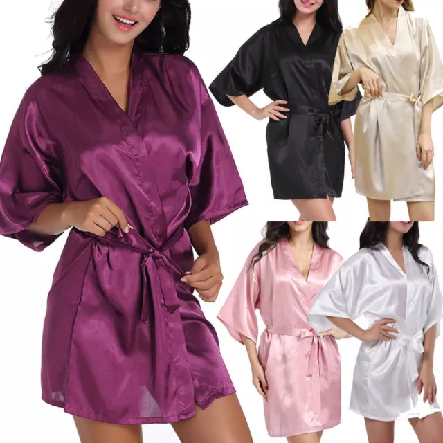 Ladies Smooth Silk Satin Robe Kimono Dressing Gown Bathrobes Sleepwear Nightwear