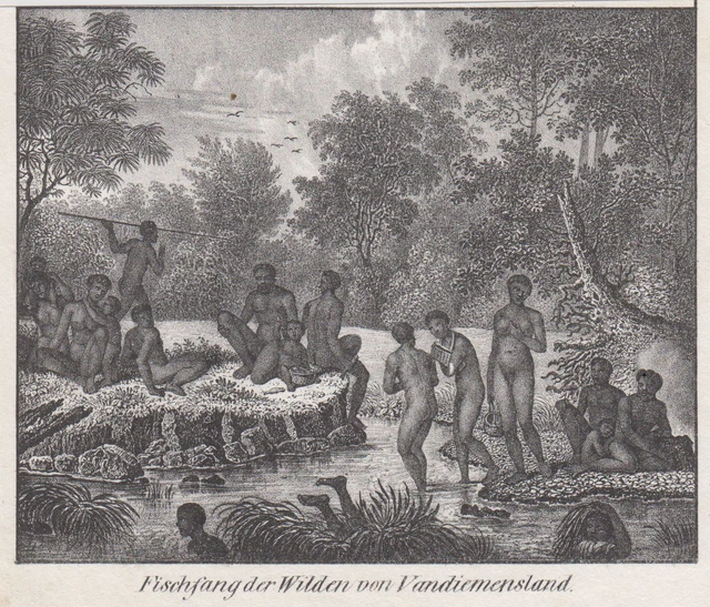 Tasmanien Ethnologie Pesca Original Litografía Völkergalerie 1840