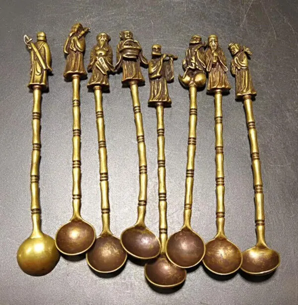 Chinese Old Brass Handmade Carved eight immortals Small spoon 8 pieces