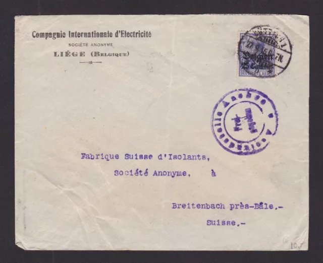 BELGIUM 1915, Censored cover to Switzerland, German occupation, WWI