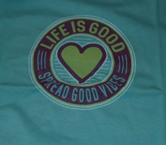 Medium NWT Women's Life is Good Spread Good Vibes Heart Turquoise SS Crusher Tee