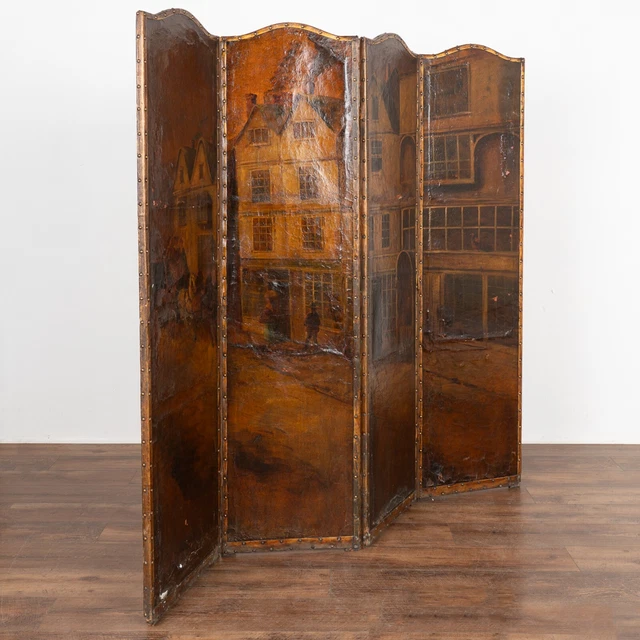 Original Oil on Canvas Painted 4 Panel Screen Room Divider England circa 1900-20