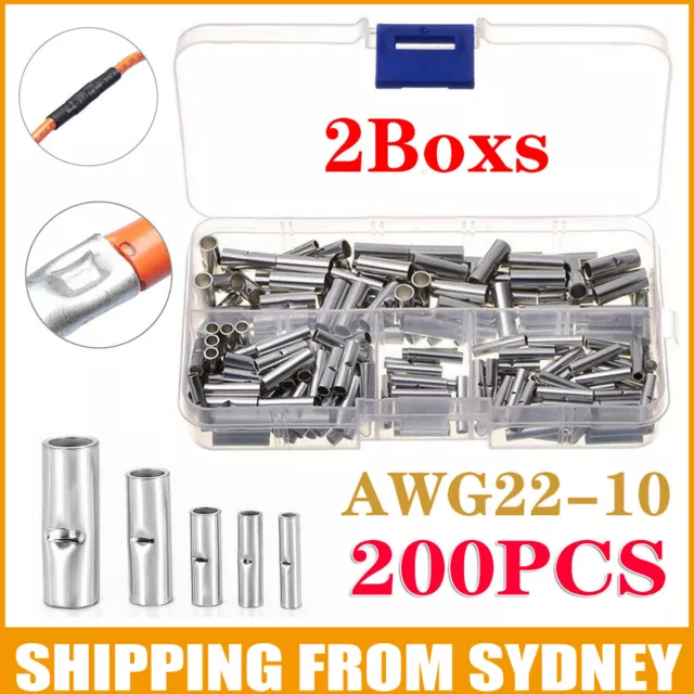 2boxs 200pcs 22-18AWG Copper Butt Splice Connectors Terminal Cable Crimp Solder