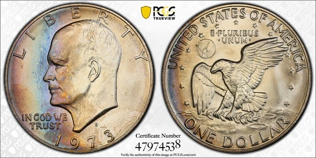 1973-S MS67 Eisenhower Dollar (Ike) Silver  PCGS Rainbow Toned