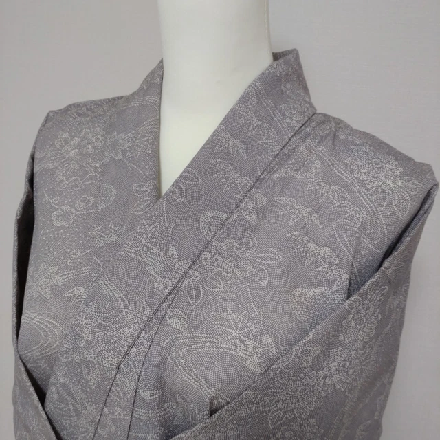 Woman Japanese Kimono Komon Wool Edokomon Flowers Running Water Plum GrayPurple