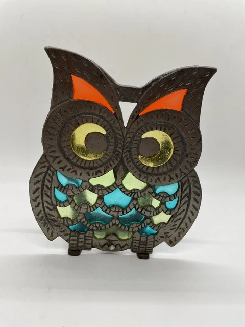 Vintage 1970s OWL Napkin Bill Holder Cast Iron Stained Glass