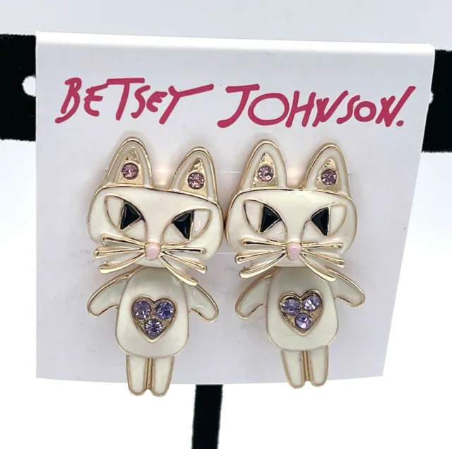 Betsey Johnson Kitty Cat Earrings Moveable White Purple Hearts New