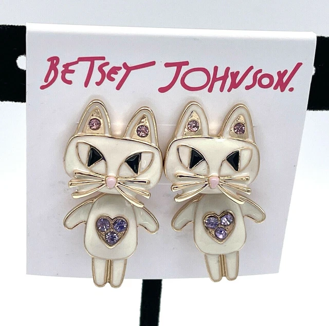 Betsey Johnson Kitty Cat Earrings Moveable White Purple Hearts New
