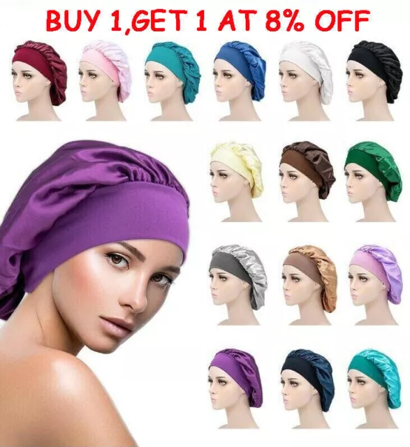 Women Satin Night Sleep Cap Hair Bonnet Hat Silk Head Cover Wide Elastic Band