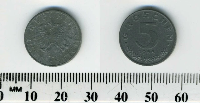 Austria 1955 - 5 Groschen Zinc Coin - Imperial Eagle with Austrian shield - #3