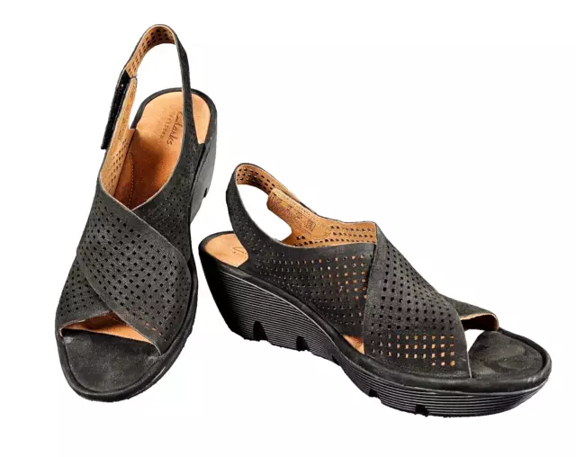 NWB Clarks Artisan Women's 10 Clarene Award Black Nubuck Leather Wedge Sandals