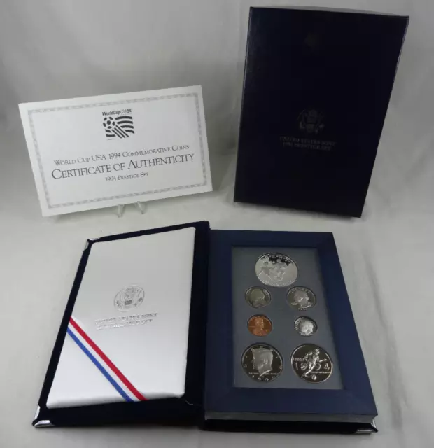 1994-S US Mint Prestige Proof Set World Cup Silver Dollar Box & COA 7 Coins