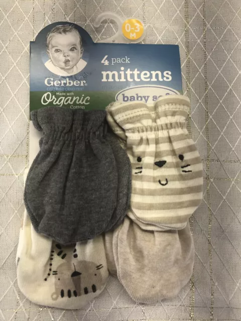 New Gerber 4 Pack Baby Boy Scratch Mittens Gloves 0-3 Months Safari Gray Brown