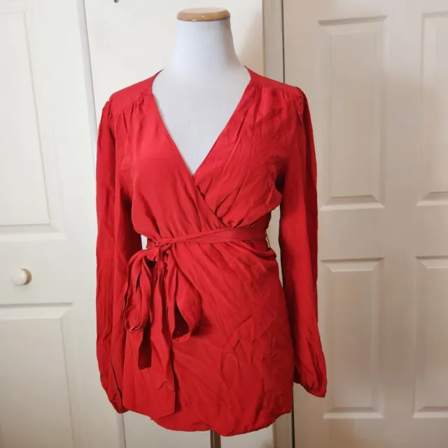 New Modcloth Wrap Shirt Size Large Womens Red Career Casual Top Long Sleeve