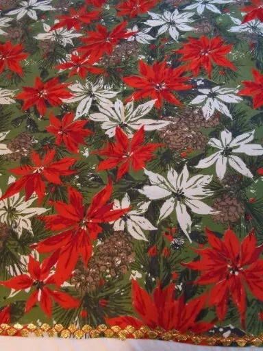 Mid Century Vintage Christmas Tablecloth Poinsettia Pinecones RicRac Trim 66x50"