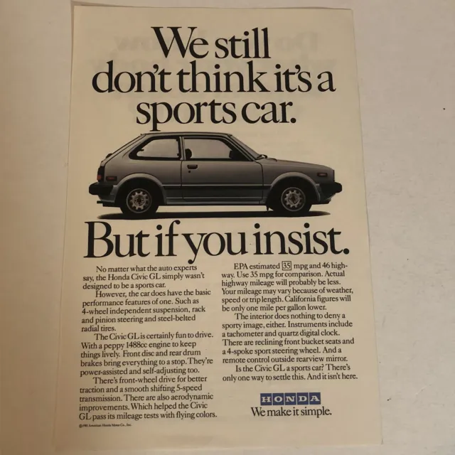 Honda Civic GL Print Ad Advertisement 1981 pa10