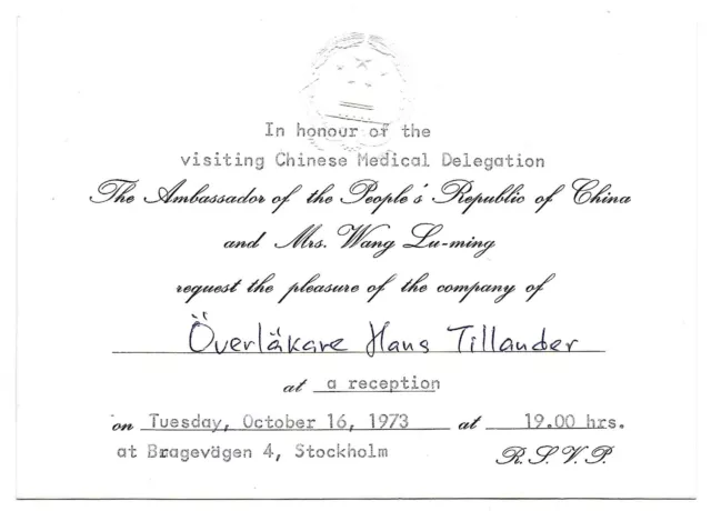 Invitation Ambassador Wang Luming Republic China Sweden 1973 Medical Delegation