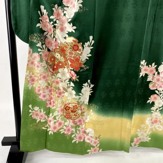 Japanese kimono SILK"FURISODE" long sleeves, Gold leaf, Plants, Green,L 64".1815 3