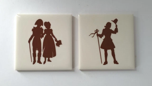 Mosaic Tile Co Vintage Artist Tile Pair Figures Art Pottery Colonial Silhouettes
