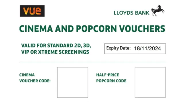 Vue cinema ticket voucher and half-price popcorn, expires 18 Nov 2024