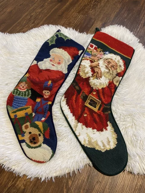 Vintage Needlepoint Christmas Santa Stockings Velvet Slim