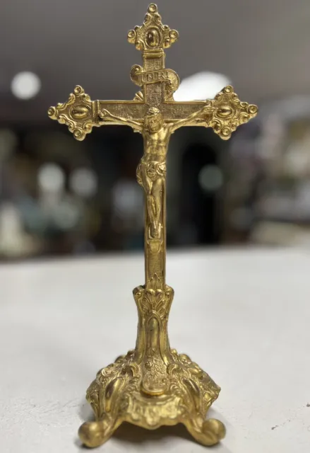 INRI Holy Cross Altar Stand Iron Crucifix Gold Gilt