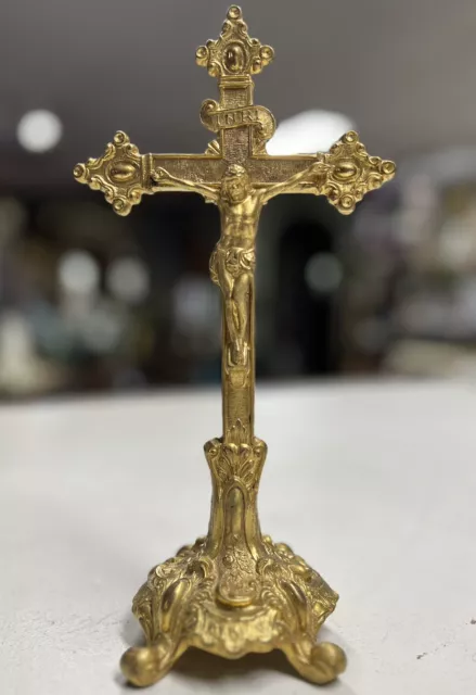 INRI Holy Cross Altar Stand Iron Crucifix Gold Gilt