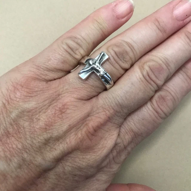 Mexican 925 Silver Taxco Oxidized Unisex JESUS CHRIST CROSS Ring Size to Choose 3