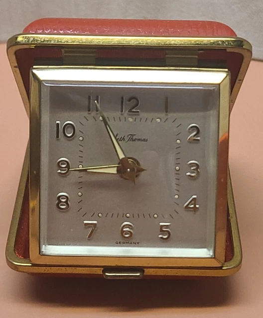 Vintage Seth Thomas Wind-up Travel Alarm Clock Germany For Repair Red Leather