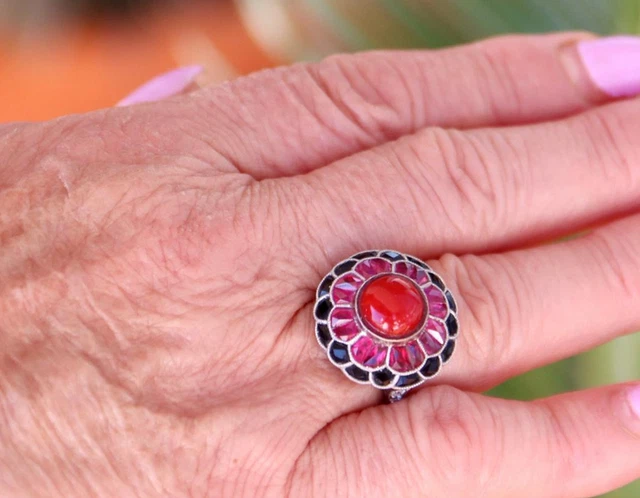 Art Deco Handmade Flower Dome Design In 935 Silver With Multi Color Stones Ring