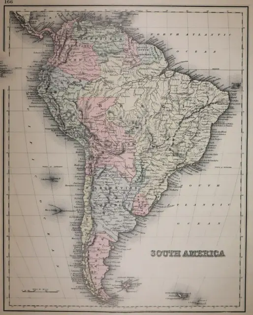 Authentic 1882 O.W. Gray Atlas Map ~ SOUTH AMERICA ~ FreeS&H   Inv#164