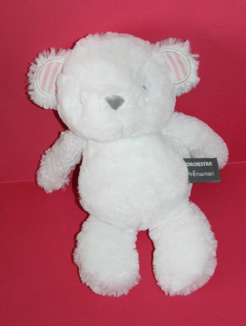 Orchestra Premaman Doudou Peluche Ours Blanc Oreille Raye Rose Nez Gris Kom9