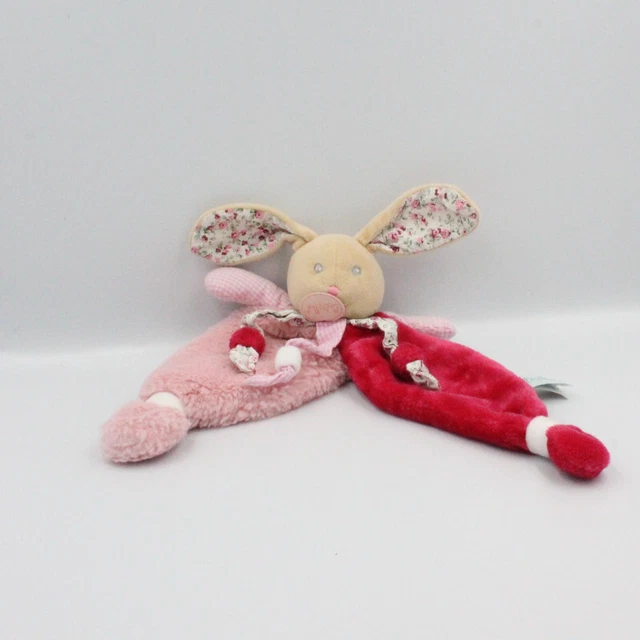 Doudou plat lapin Poupi rose framboise fleurs BABY NAT - 23155