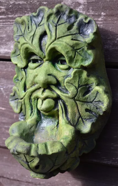 Green Man STONE wall plaque poking out his tongue Dave © 18cm/7.5" + FREE GIFT!