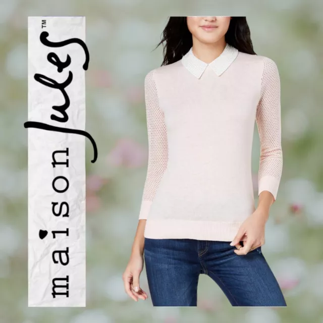 NEW Maison Jules Pink Long Sleeve Sweater w/Pearl Accent Collar Size: M