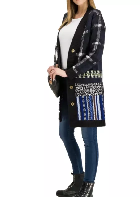 Desigual Women’s M Long Line Cardigan Coatigan Heavyweight Sweater Navy Blue 2