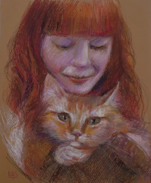 quadro Ragazza con il gatto rosso 25x33, fatto a mano, arte moderna italiana