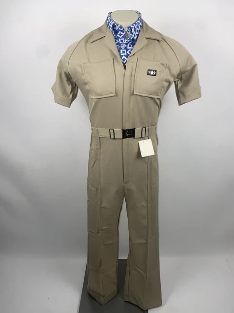 NEW Mens Jumpsuit One Piece Leisure suit Polyester Small Short Tan Vtg 60s 70s
