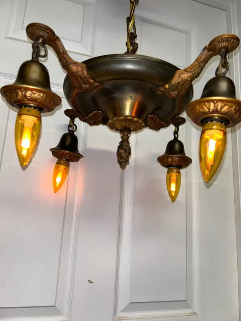Vintage Antique polychrome Brass Metal pancake Hanging Chandelier 4 bulb Fixture