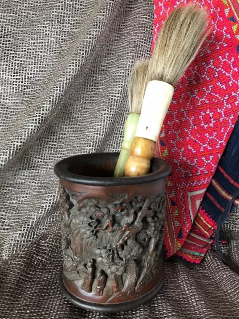 Old Chinese Carved Bamboo Brush Pot …Bitong / Scholar Brush Pot