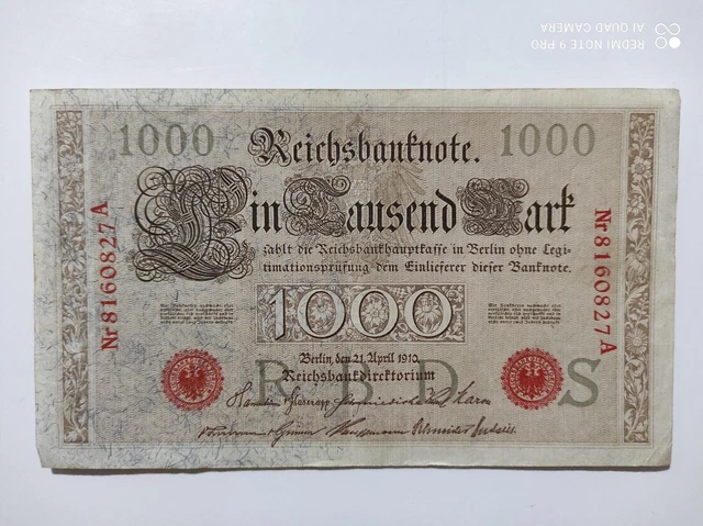 Reichsbanknote 1000 Mark 1910 Rotes Siegel Wert 1000 MARK REICHSBANKNOTE 1910 rote Siegel A 8160827 EUR 1,00 - PicClick DE