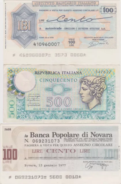 2 Mini Assegni da 100 Lire del 1976 e 1 banconota 500 lire