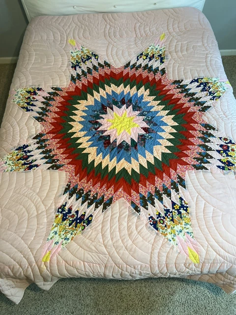 Vintage Style Lone Star Patchwork Quilt Pink with Multicolor Star Vintage Style Lone Star Patchwork Quilt Pink with Multicolor Star