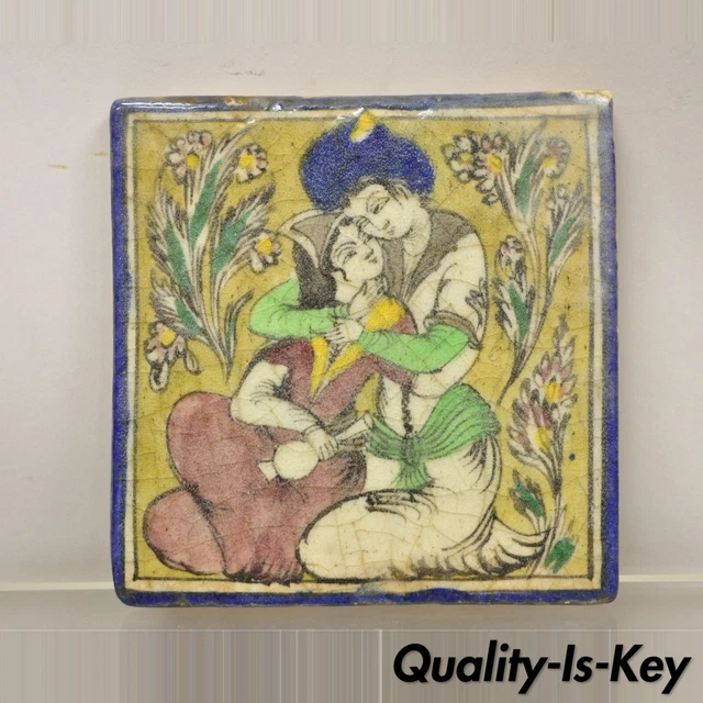 Antique Persian Iznik Qajar Style Square Ceramic Pottery Tile Couple Embrace C5