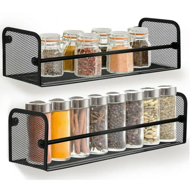 Wall Mount Single Tier Mesh Spice Rack Organizer, Black, Set of 2