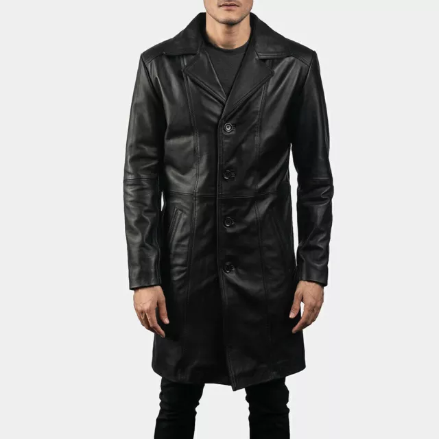 Men's Black Real Leather Coat Winter Lambskin Outdoor Trench Coat