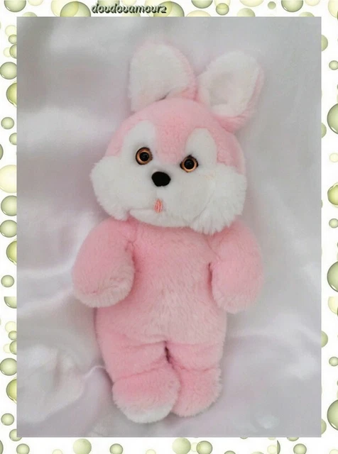 Doudou Peluche Lapin Rose et Blanc Yeux et Truffe Marron Nounours