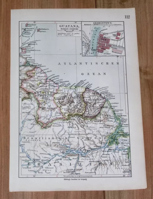 1912 Original Antique Map Of Guyana Suriname French Guiana Georgetown Inset Map